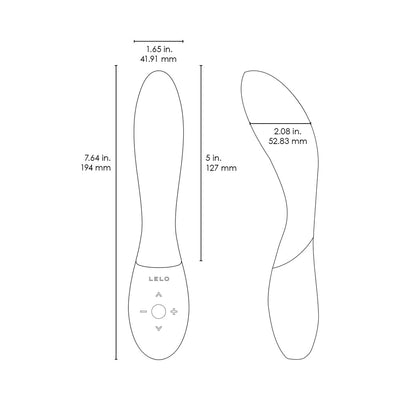 Line drawing of Lelo Mona Wave vibrator with detailed measurements and control buttons shown on handle.