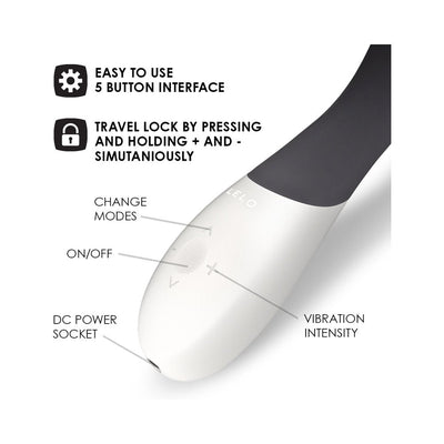 Close-up of Lelo Mona Wave device handle showing five-button interface with labeled controls for power, mode, vibration intensity, and DC power socket.