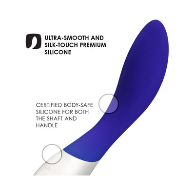 Close-up of Lelo Mona Wave in deep blue with smooth, body-safe silicone shaft and white handle featuring control buttons.