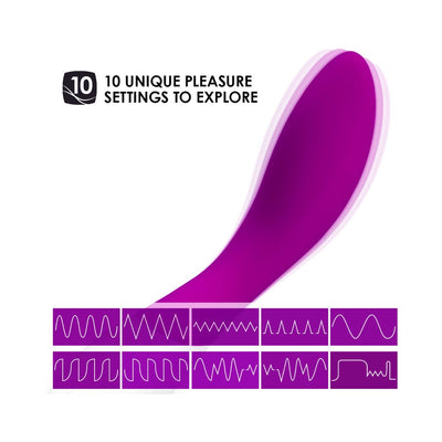 Purple Lelo Mona Wave G-Spot stimulator with 10 unique vibration patterns illustrated below.