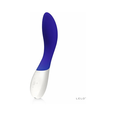 Lelo Mona Wave curved G-spot stimulator in blue silicone with white ergonomic handle and control buttons.