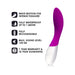 Purple and white Lelo Mona Wave G-spot stimulator with icons highlighting wave motion, waterproof, rechargeable, quiet, and warranty features.