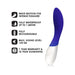 Blue and white ergonomic personal massager with wave motion, waterproof design, rechargeable battery, and quiet operation features.