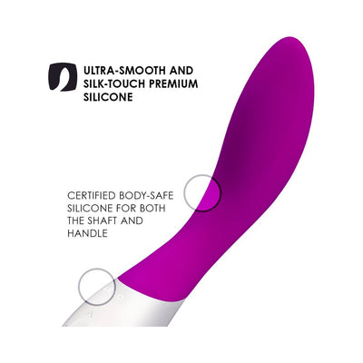 Purple Lelo Mona Wave G-spot stimulator with ultra-smooth, body-safe silicone shaft and handle detail on white background.