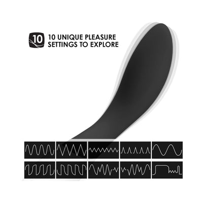 Lelo Mona Wave G-spot stimulator in black with 10 unique vibration patterns displayed on a white background.
