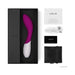 Lelo Mona Wave in purple and white with USB charging cord, warranty card, user manual, and black storage pouch in black box packaging.
