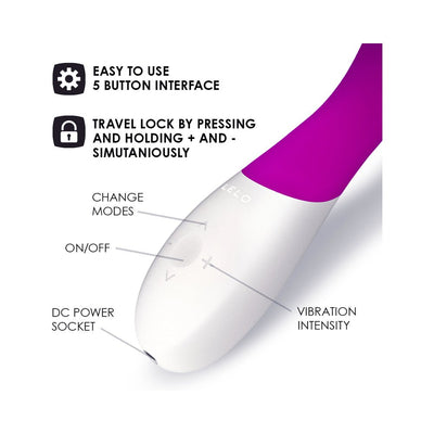 Close-up of Lelo Mona Wave vibrator handle showing 5-button interface with mode, power, intensity controls, and charging socket.