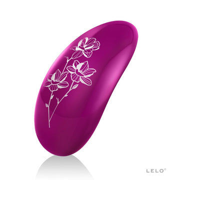 Purple Lelo Nea 2 massager with white floral design on a white background