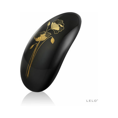 Sleek black Lelo Nea 2 massager with elegant gold floral design and smooth curved shape.