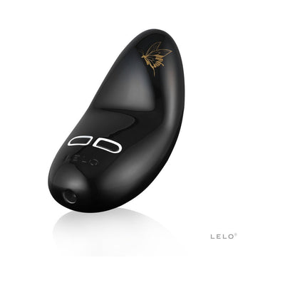 Sleek black Lelo Nea 2 personal massager with floral gold detailing and dual control buttons on a white background.