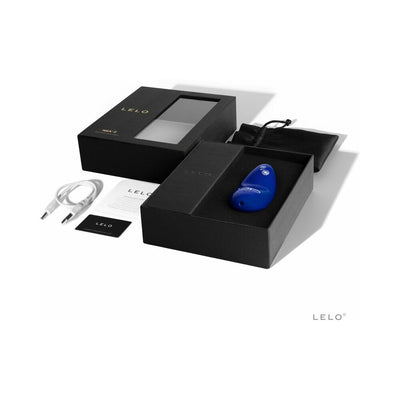 Lelo Nea 2 blue massager with floral design in black box packaging, including USB charging cable, pouch, and manuals.