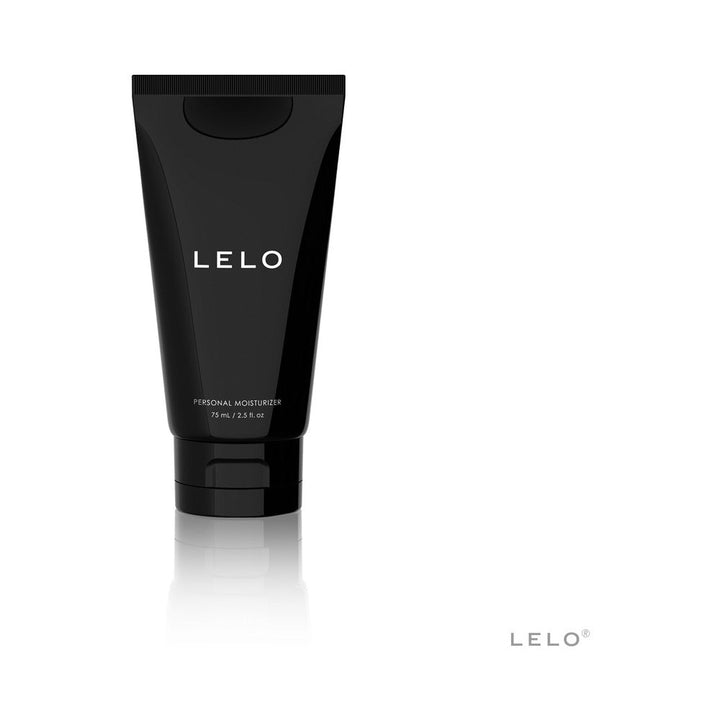 Black tube of Lelo Personal Moisturizer with minimalist white text on a white background.
