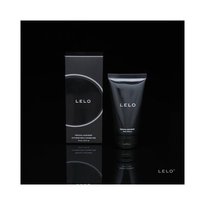 Lelo Personal Moisturizer in sleek black tube with matching black box on reflective black surface