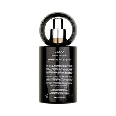 Black bottle of Lelo Personal Moisturizer with a circular handle and silver pump dispenser.