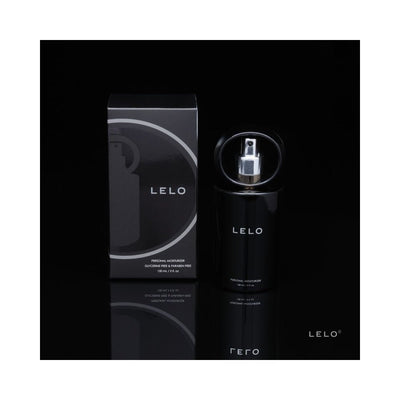 Lelo Personal Moisturizer black sleek bottle and matching box on reflective black surface