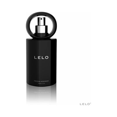 Black sleek bottle of Lelo Personal Moisturizer with a circular handle and spray pump on a white background.