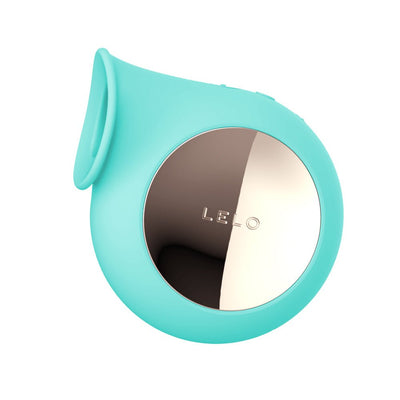 Lelo Sila Cruise sonic clitoral massager in aqua with smooth silicone and reflective silver control panel.
