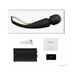 Lelo Smart Wand 2 Large in black with gold accent, USB charger, satin storage pouch, user manual, and warranty card displayed on white background.