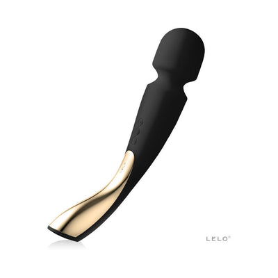 Black and gold ergonomic Lelo Smart Wand 2 Large with smooth silicone finish and three-button control panel.