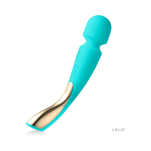 Lelo Smart Wand 2 Large in turquoise with ergonomic handle and gold accent, designed for muscle relaxation and massage.