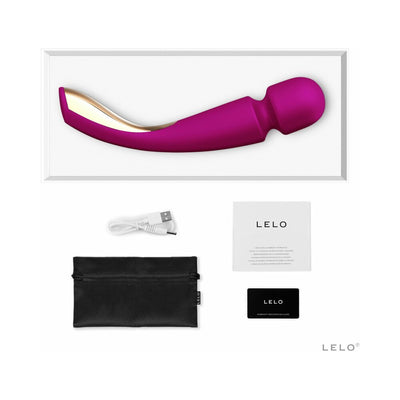 Lelo Smart Wand 2 Large in purple with USB charger, black storage pouch, user manual, and warranty card displayed in packaging.