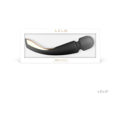 Lelo Smart Wand 2 Large black ergonomic body massager in white retail packaging with gold accents