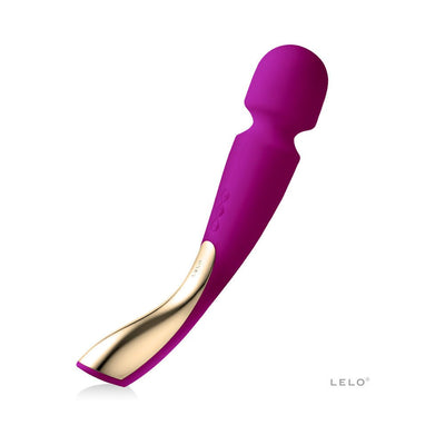 Purple and gold ergonomic Lelo Smart Wand 2 Large with smooth silicone finish and curved handle on white background.
