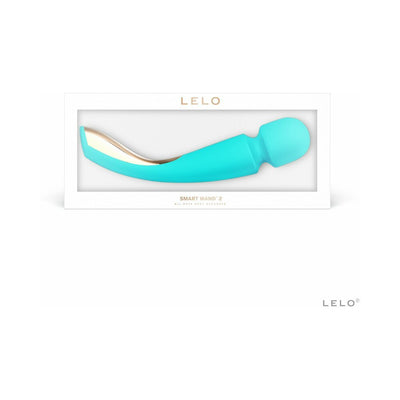 Lelo Smart Wand 2 Large in turquoise with gold accent, displayed in white branded packaging.
