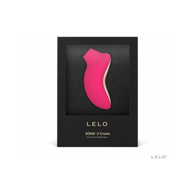 Lelo Sona 2 Cruise rechargeable clitoral stimulator in pink displayed in black packaging box.