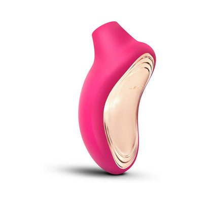 Pink and rose gold rechargeable Lelo Sona 2 Cruise clitoral stimulator with ergonomic design on white background.