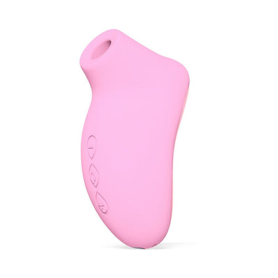 Compact pink silicone clitoral stimulator with ergonomic shape and three control buttons on the side.