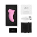 Pink Lelo Sona 2 Travel sonic clitoral stimulator with USB charging cable, user manual, storage pouch, and warranty card in black box.