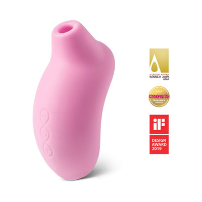 Pink rechargeable Lelo Sona Cruise clitoral stimulator with award logos on white background.