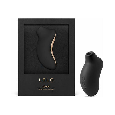 Lelo Sona Cruise black rechargeable clitoral stimulator with ergonomic design and packaging box on white background.