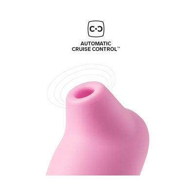 Close-up of pink Lelo Sona Cruise clitoral stimulator with Automatic Cruise Control technology icon above.