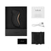 Lelo Sona Cruise clitoral stimulator in black with rose gold accents, USB charging cable, storage pouch, manual, and warranty card in packaging.