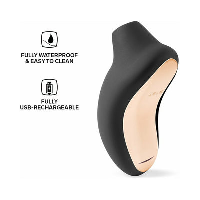 Lelo Sona Cruise clitoral stimulator in black with rose gold accent, featuring waterproof and USB rechargeable icons.