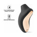 Lelo Sona Cruise clitoral stimulator in black with rose gold accent, featuring waterproof and USB rechargeable icons.