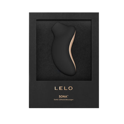 Lelo Sona Cruise rechargeable clitoral stimulator in black and gold, displayed in black branded packaging.