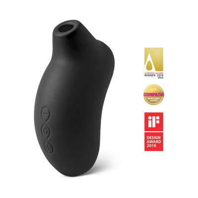Black Lelo Sona Cruise rechargeable clitoral stimulator with ergonomic design and control buttons, shown with award badges.