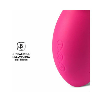 Close-up of the pink Lelo Sona Cruise clitoral stimulator showing its three control buttons and highlighting 8 powerful resonating settings.