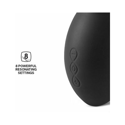 Close-up of black Lelo Sona Cruise clitoral stimulator showing three control buttons and highlighting 8 powerful resonating settings.