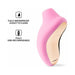 Pink and gold Lelo Sona Cruise clitoral stimulator with waterproof and USB rechargeable icons on white background.