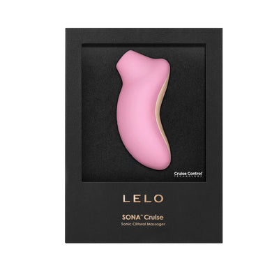Pink Lelo Sona Cruise rechargeable clitoral stimulator in black presentation box with gold lettering.
