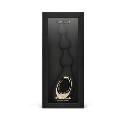 Lelo Soraya Anal Beads in black with ergonomic handle displayed in sleek black packaging.
