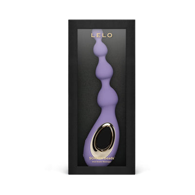 Lelo Soraya Anal Beads in lavender with ergonomic handle displayed in black packaging box.
