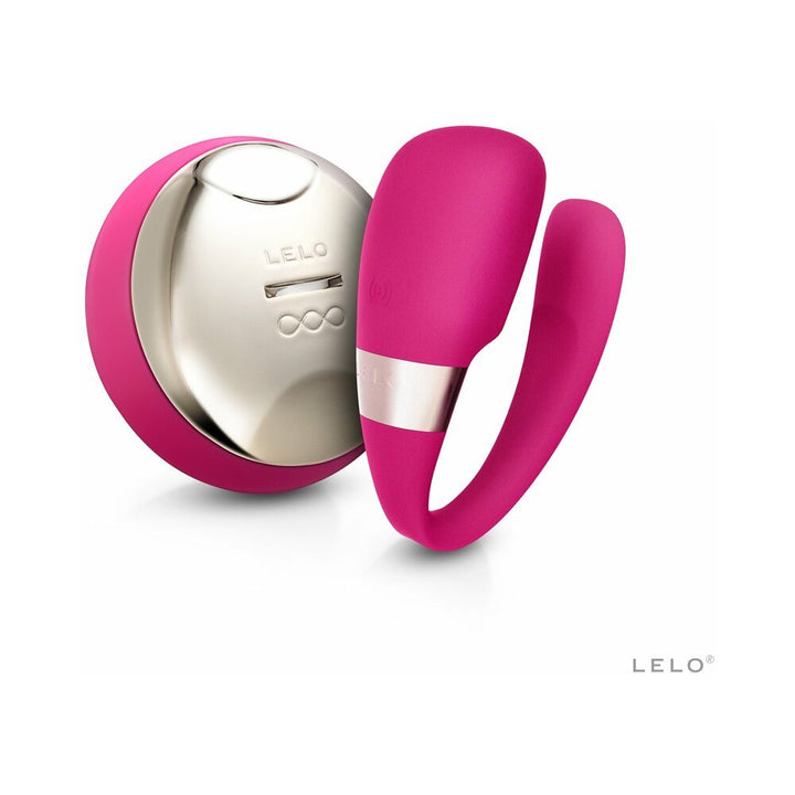 Pink LELO Tiani 3 G-spot vibrator with sleek silver wireless remote on white background.