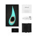 Lelo Tiani Harmony couples vibrator in aqua with USB charging cable, user manual, warranty card, and black storage pouch in packaging.