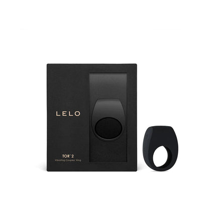 Lelo Tor 2 black vibrating couples' ring displayed next to its sleek black packaging box.