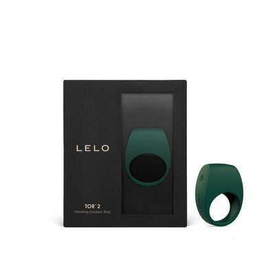 Lelo Tor 2 vibrating couples ring in dark green with sleek black and gold packaging on white background.